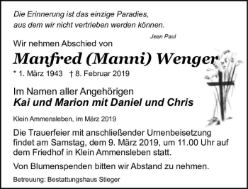 Traueranzeige von Manfred (Manni) Wenger  von Magdeburger Volksstimme