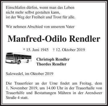 Traueranzeige von Manfred-Odilo Rendler  von Magdeburger Volksstimme