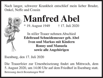 Traueranzeige von Manfred Abel  von Magdeburger Volksstimme