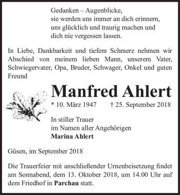 Traueranzeige von Manfred Ahlert  von Magdeburger Volksstimme