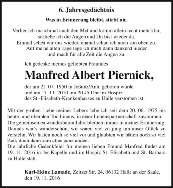 Traueranzeige von Manfred Albert Piernick  von Magdeburger Volksstimme
