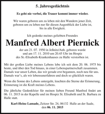 Traueranzeige von Manfred Albert Piernick  von Magdeburger Volksstimme