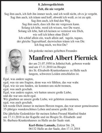 Traueranzeige von Manfred Albert Piernick  von Magdeburger Volksstimme