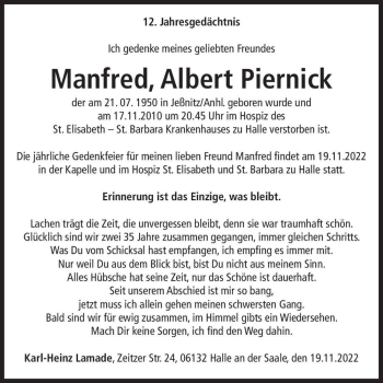 Traueranzeige von Manfred Albert Piernick  von Magdeburger Volksstimme