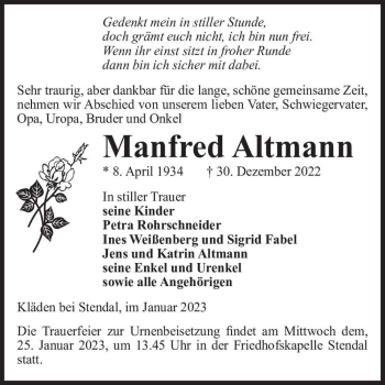 Traueranzeige von Manfred Altmann  von Magdeburger Volksstimme