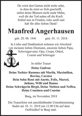 Traueranzeige von Manfred Angerhausen  von Magdeburger Volksstimme