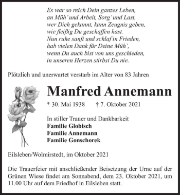 Traueranzeige von Manfred Annemann  von Magdeburger Volksstimme