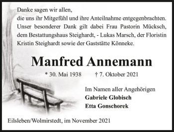 Traueranzeige von Manfred Annemann  von Magdeburger Volksstimme