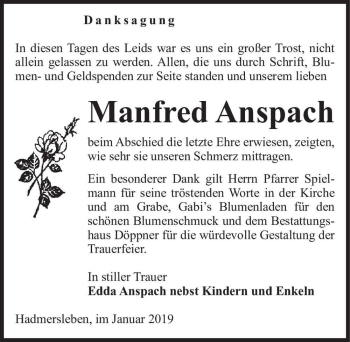 Traueranzeige von Manfred Anspach  von Magdeburger Volksstimme