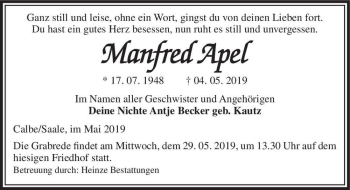Traueranzeige von Manfred Apel  von Magdeburger Volksstimme