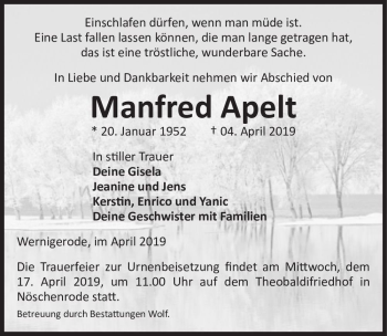Traueranzeige von Manfred Apelt  von Magdeburger Volksstimme