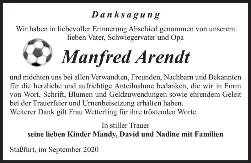  Traueranzeige für Manfred Arendt  vom 19.09.2020 aus Magdeburger Volksstimme
