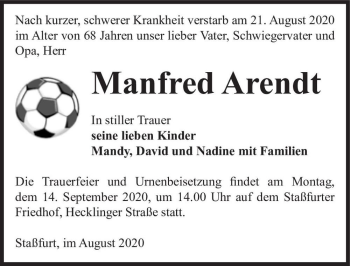 Traueranzeige von Manfred Arendt  von Magdeburger Volksstimme