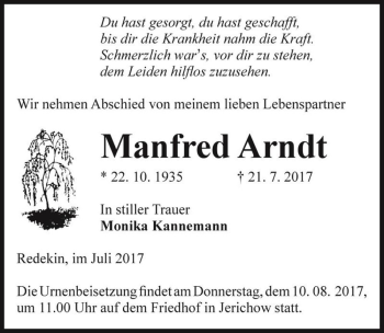 Traueranzeige von Manfred Arndt  von Magdeburger Volksstimme