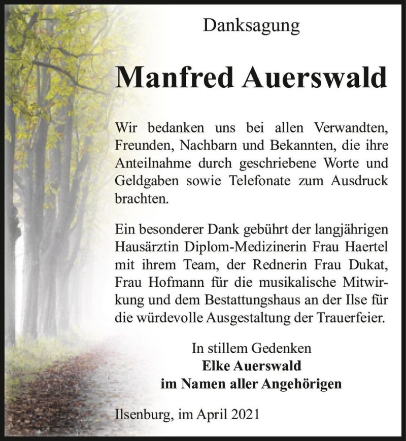  Traueranzeige für Manfred Auerswald  vom 21.04.2021 aus Magdeburger Volksstimme