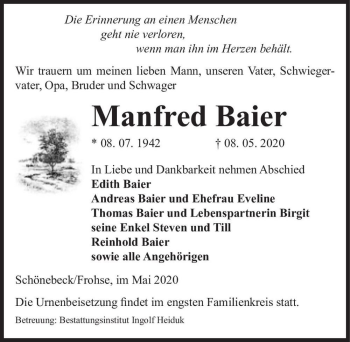 Traueranzeige von Manfred Baier  von Magdeburger Volksstimme