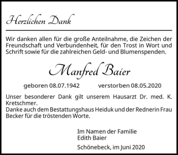 Traueranzeige von Manfred Baier  von Magdeburger Volksstimme