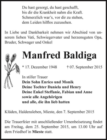 Traueranzeige von Manfred Baldiga  von Magdeburger Volksstimme