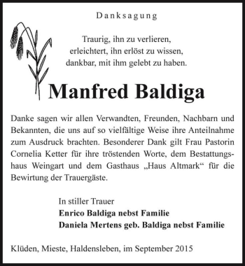 Traueranzeige von Manfred Baldiga  von Magdeburger Volksstimme