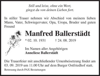 Traueranzeige von Manfred Ballerstädt  von Magdeburger Volksstimme