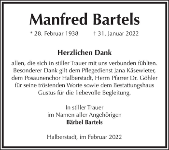 Traueranzeige von Manfred Bartels  von Magdeburger Volksstimme
