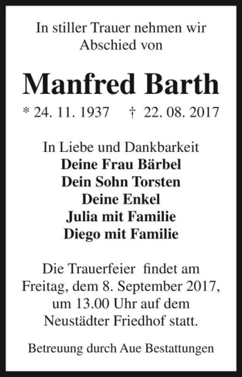 Traueranzeige von Manfred Barth  von Magdeburger Volksstimme