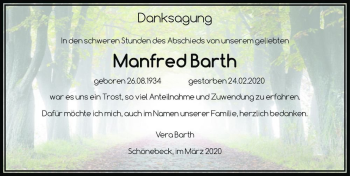 Traueranzeige von Manfred Barth  von Magdeburger Volksstimme