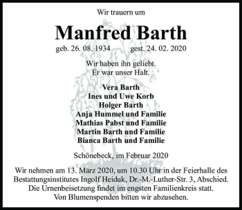 Traueranzeige von Manfred Barth  von Magdeburger Volksstimme