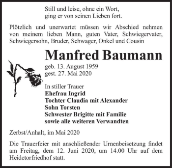 Traueranzeige von Manfred Baumann  von Magdeburger Volksstimme