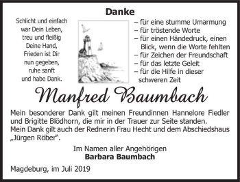 Traueranzeige von Manfred Baumbach  von Magdeburger Volksstimme