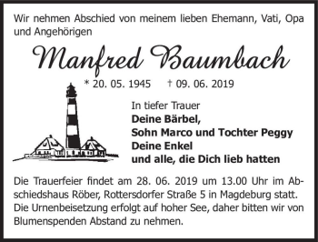 Traueranzeige von Manfred Baumbach  von Magdeburger Volksstimme