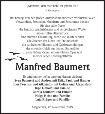 Traueranzeige von Manfred Baumert  von Magdeburger Volksstimme