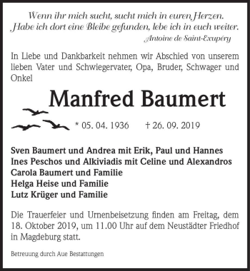 Traueranzeige von Manfred Baumert  von Magdeburger Volksstimme