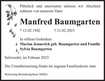 Traueranzeige von Manfred Baumgarten  von Magdeburger Volksstimme