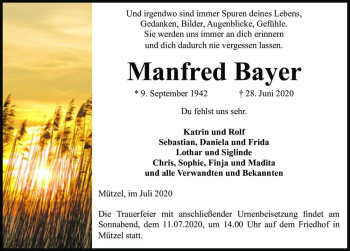 Traueranzeige von Manfred Bayer  von Magdeburger Volksstimme