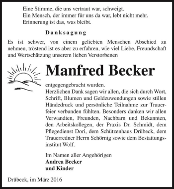 Traueranzeige von Manfred Becker  von Magdeburger Volksstimme