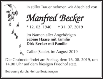 Traueranzeige von Manfred Becker  von Magdeburger Volksstimme