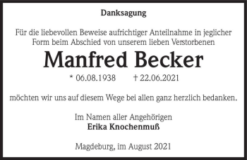 Traueranzeige von Manfred Becker  von Magdeburger Volksstimme