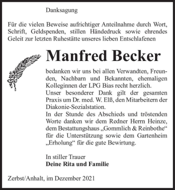 Traueranzeige von Manfred Becker  von Magdeburger Volksstimme