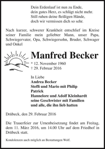 Traueranzeige von Manfred Becker  von Magdeburger Volksstimme