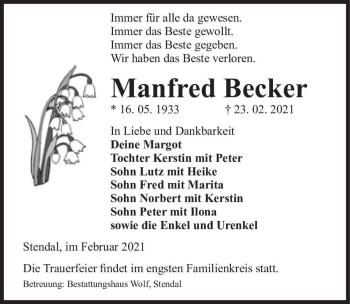 Traueranzeige von Manfred Becker  von Magdeburger Volksstimme