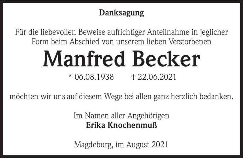  Traueranzeige für Manfred Becker  vom 07.08.2021 aus Magdeburger Volksstimme