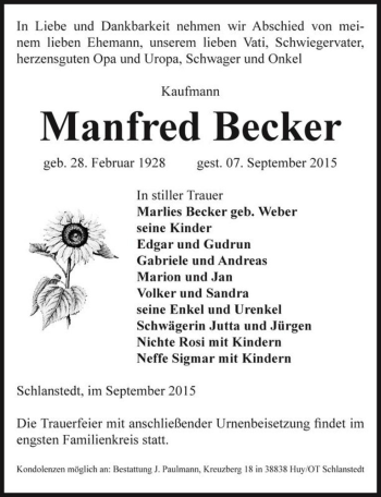 Traueranzeige von Manfred Becker  von Magdeburger Volksstimme