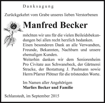 Traueranzeige von Manfred Becker  von Magdeburger Volksstimme