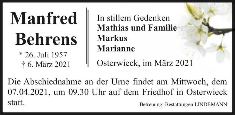  Traueranzeige für Manfred Behrens  vom 03.04.2021 aus Magdeburger Volksstimme