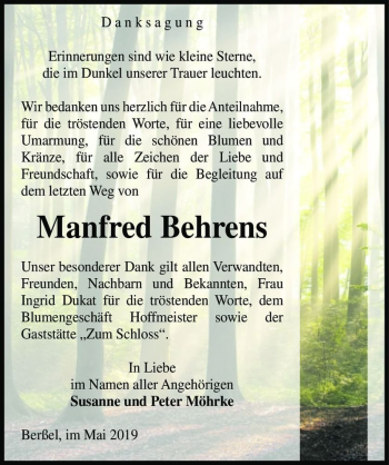 Traueranzeige von Manfred Behrens  von Magdeburger Volksstimme
