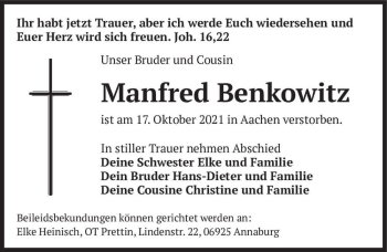 Traueranzeige von Manfred Benkowitz  von Magdeburger Volksstimme