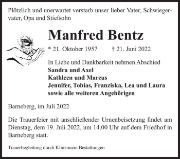 Traueranzeige von Manfred Bentz  von Magdeburger Volksstimme