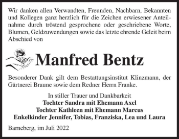 Traueranzeige von Manfred Bentz  von Magdeburger Volksstimme