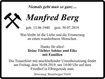 Traueranzeige von Manfred Berg  von Magdeburger Volksstimme